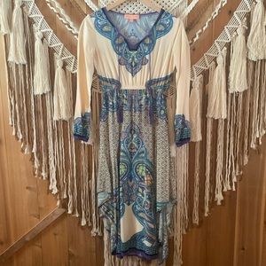 Peach Puff USA Boho Print Asymmetrical Long Sleeved Midi Dress Size Medium